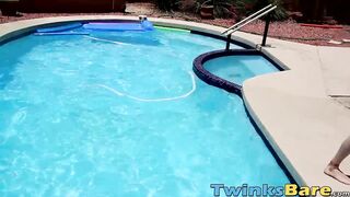 Twinks fool around in the pool before bareback orgy