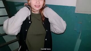 Redhead girl sucked in the stairwell while parents were at home