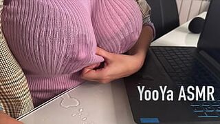 Hot Step Mother Seduces Step Son in the office, shows him milky nipples and Makes big cock Handjob