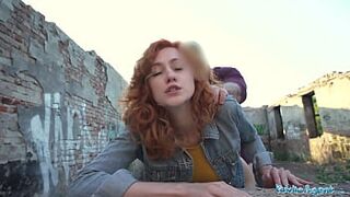 Public Agent Sexy redhead waitress sucks cock and gets fucked doggystyle outside in public