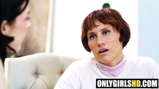 Secret Big Ass Fuck: Stepdaughter Rides Stepmom’s Strap-On Under Table!